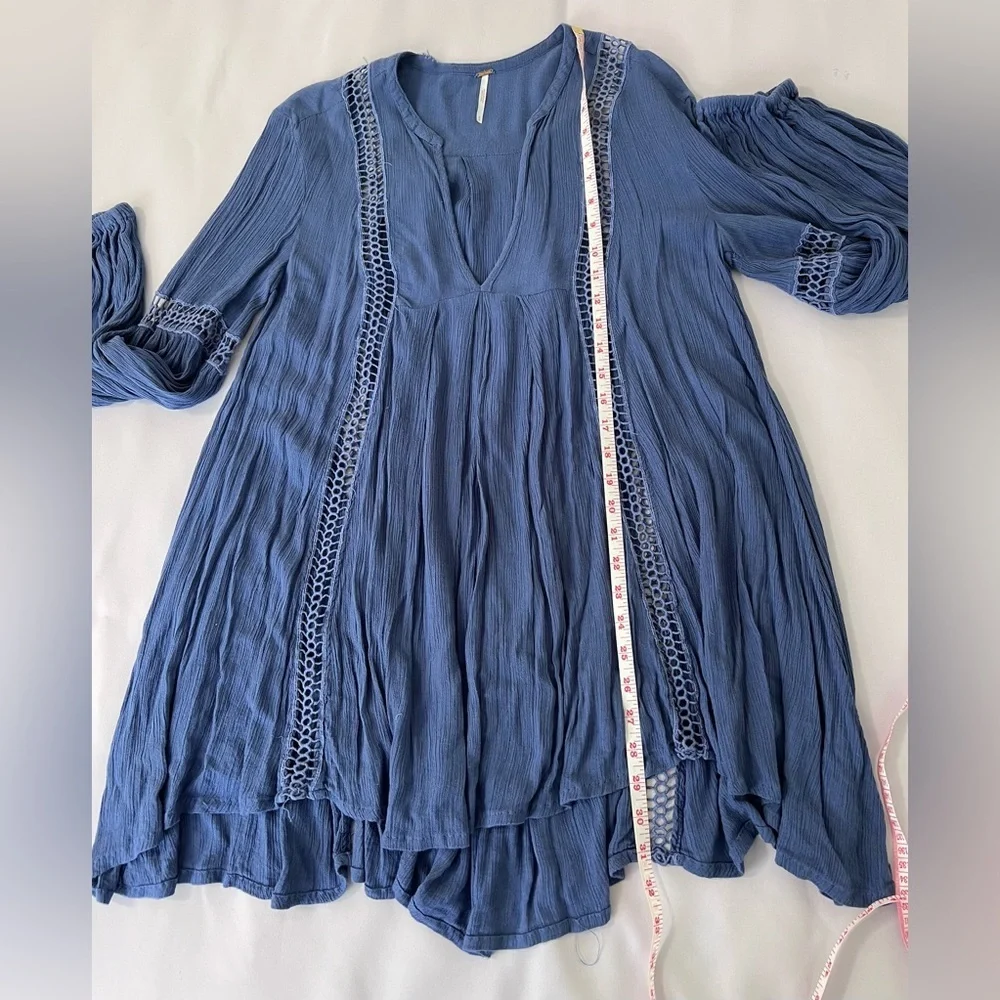 Free People Baby Doll Lace‎ Inset Tunic Sz Small Blue
